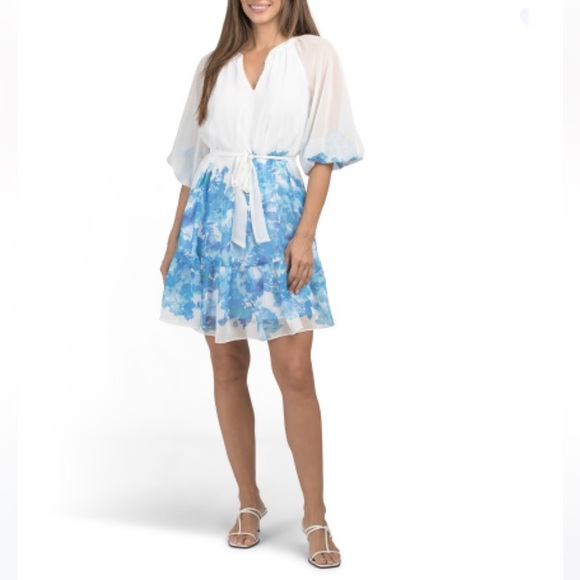 JULIA JORDAN Dresses & Skirts - JULIA JORDAN Ivory/blue V-neck Border Print Mini Dress